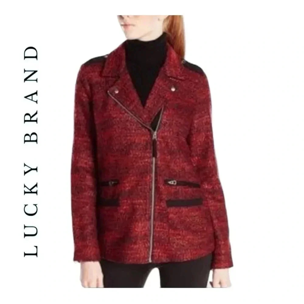 1468. LUCKY BRAND TWEED FULL ZIP UP‎ JACKET-COAT RED/BLACK IN COLOR SIZE XSMALL
